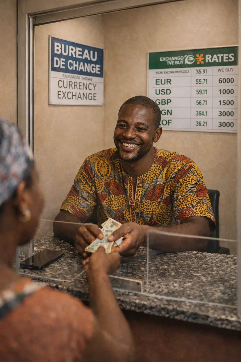 Agent de bureau de change souriant servant une cliente