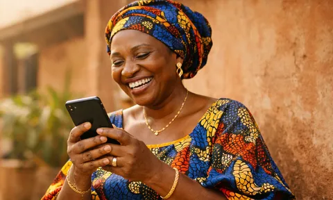 Une maman en Afrique reçoit de l'argent sur son téléphone