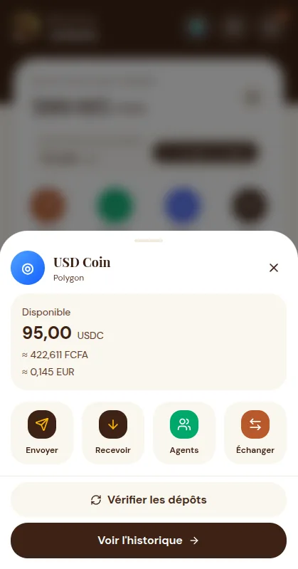 L'application Kudu affichant un solde adossé à un stablecoin