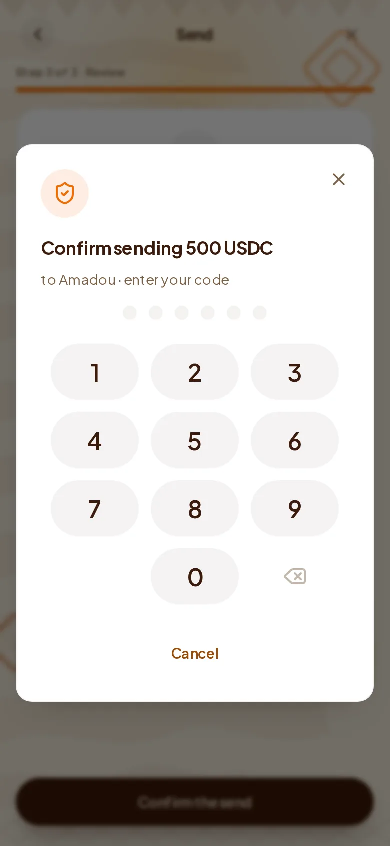 The Send screen asks for your code on your device, with a number pad.