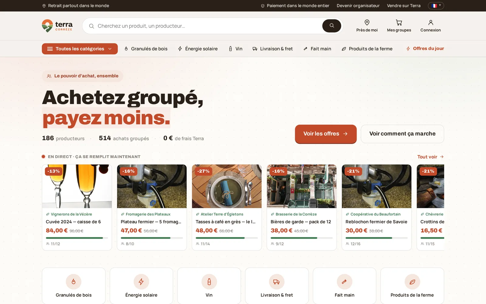 Terra Corrèze marketplace homepage — group-buying deals on regional French produce, built on Kudu
